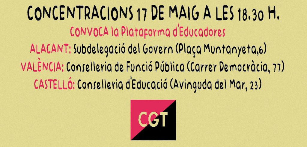 CGT dóna suport a les concentracions convocades per la Plataforma d’educadores el 17 de maig a les 18.30h.
