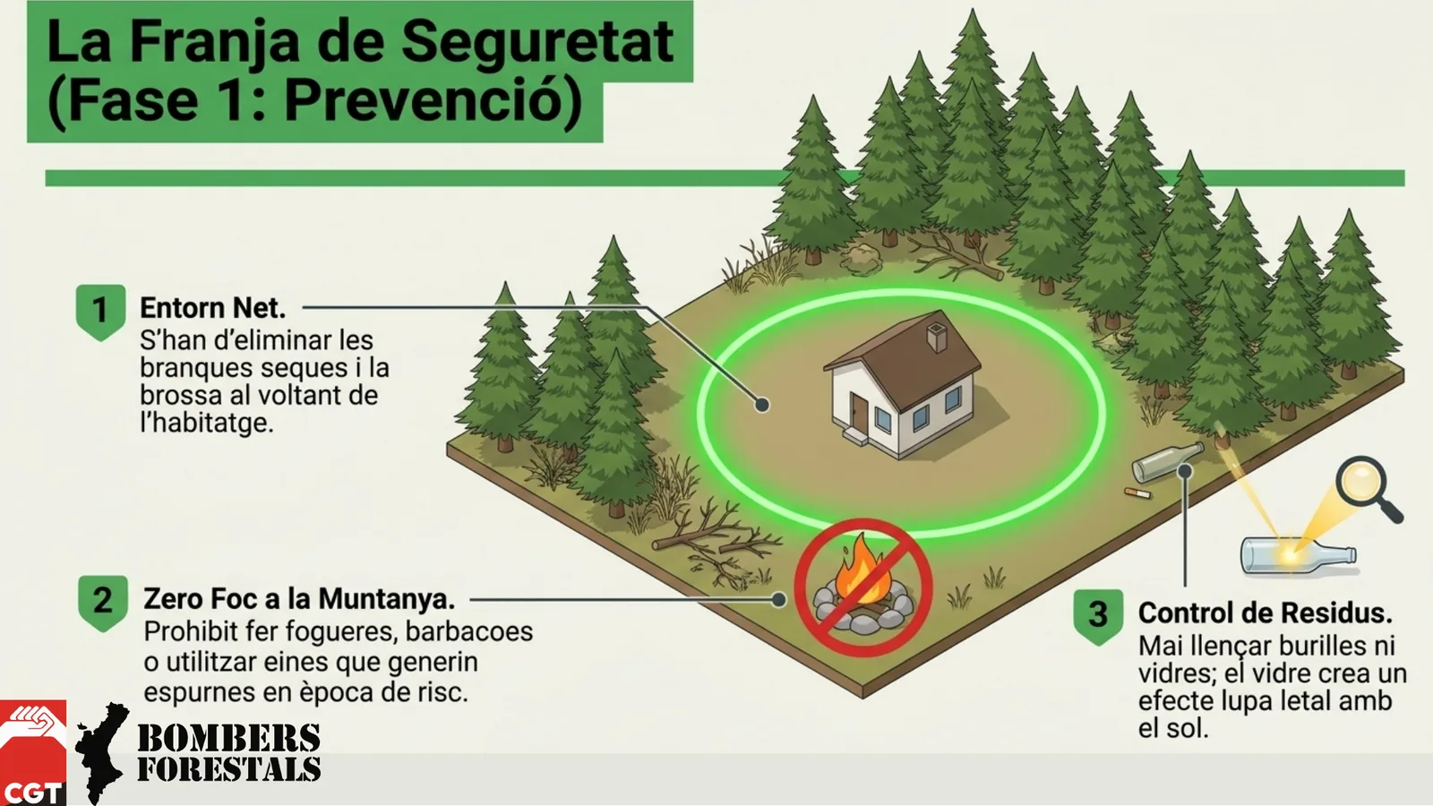Habitatge envoltat d'una franja de seguretat neta enmig del bosc, amb els tres punts de prevenció.