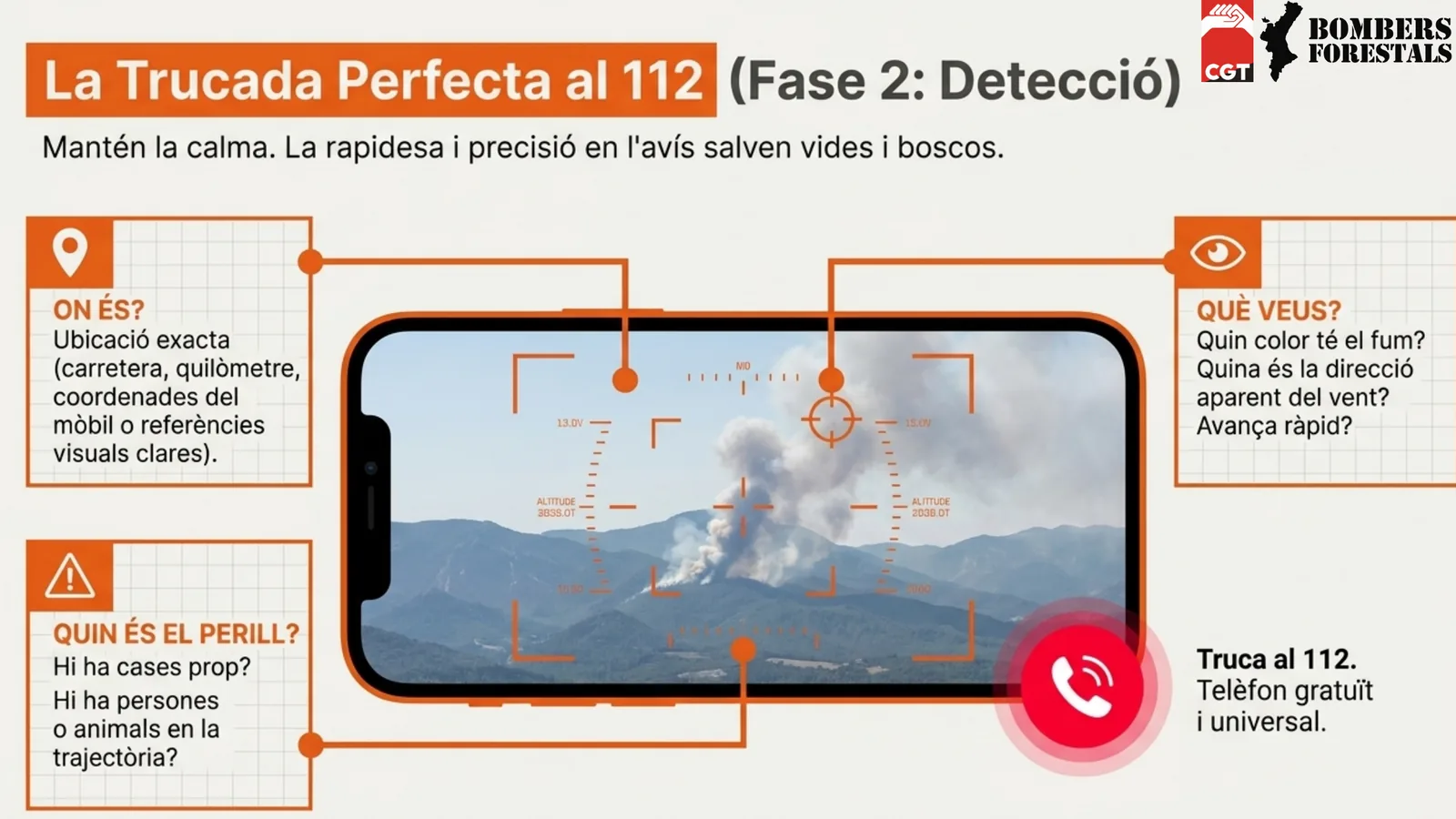 Mòbil enfocant una columna de fum amb les quatre preguntes clau per a la trucada al 112.