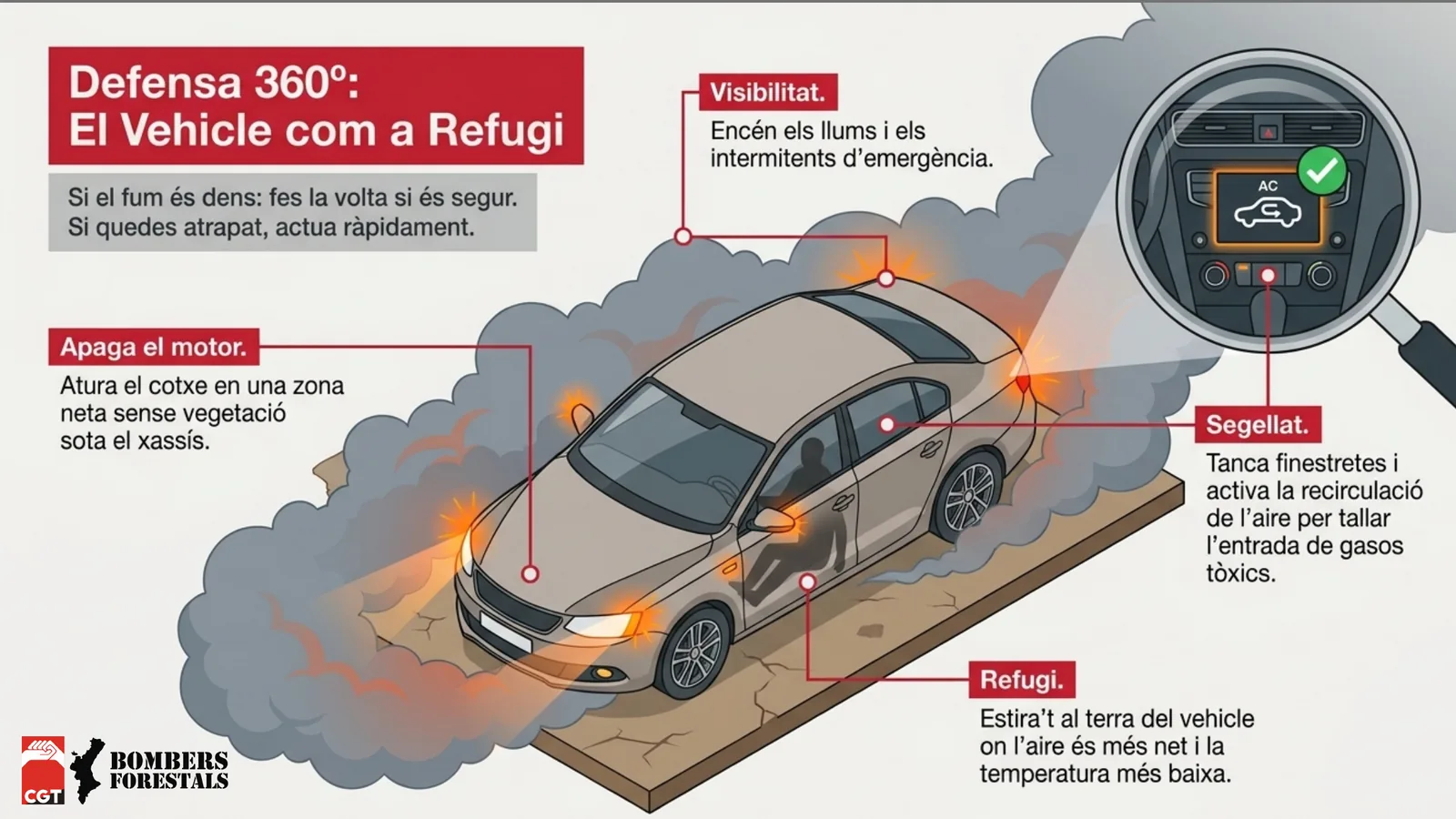 Cotxe envoltat de fum amb els quatre passos de defensa dins del vehicle.