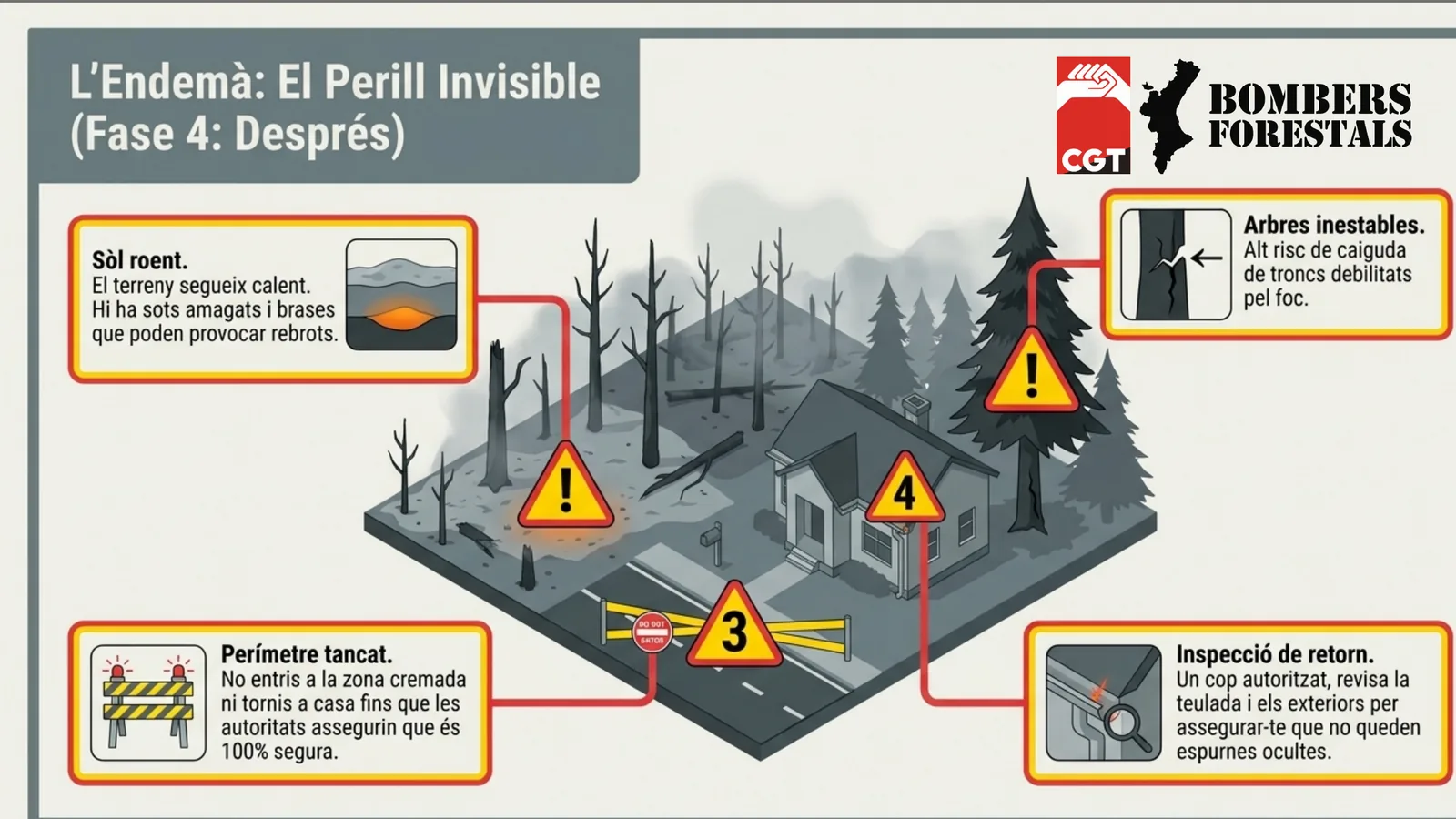 Paisatge cremat amb els senyals d'advertiment dels perills posteriors a l'incendi.