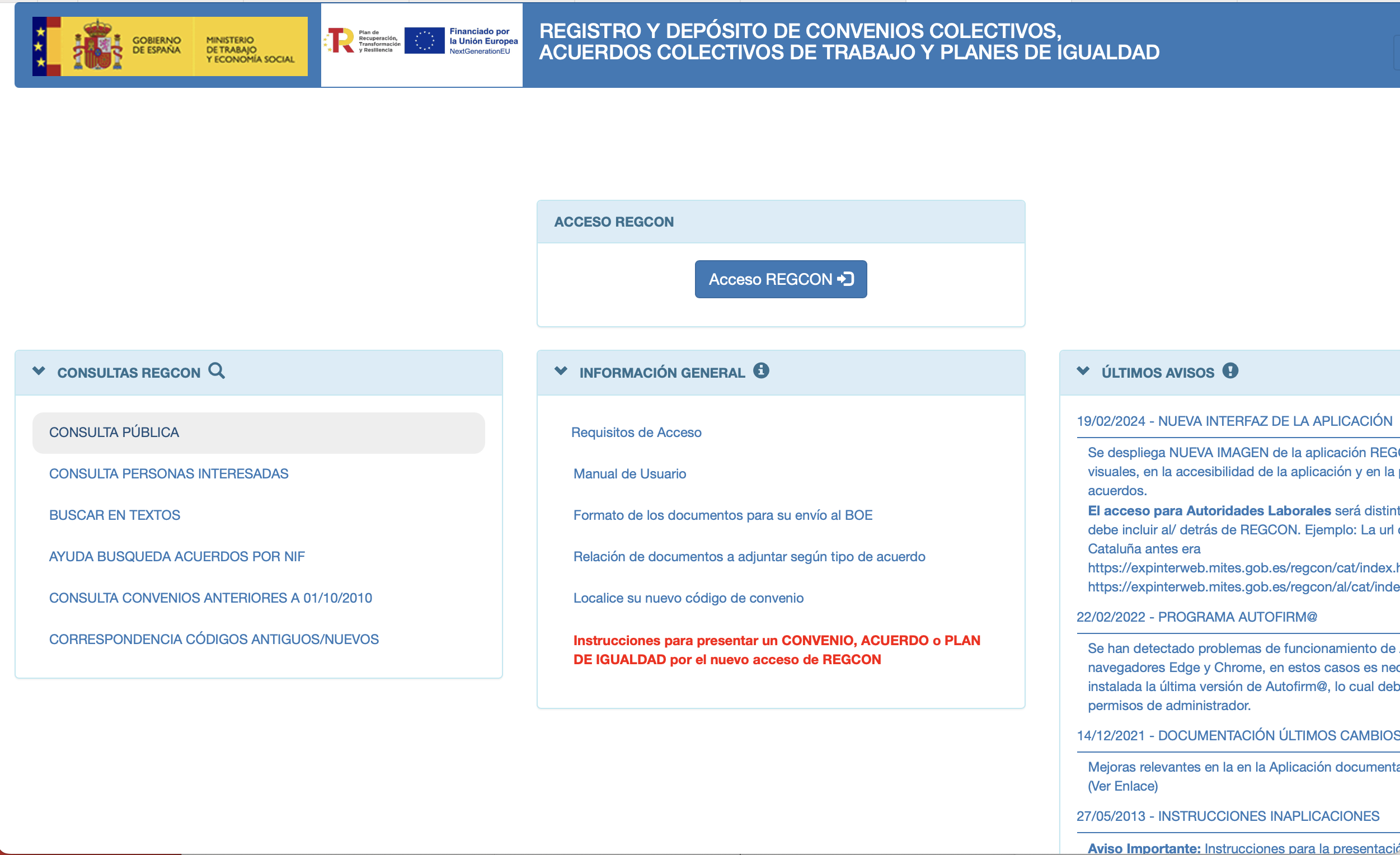 Cercador de convenis col·lectius de REGCON, el registre públic del Ministeri de Treball